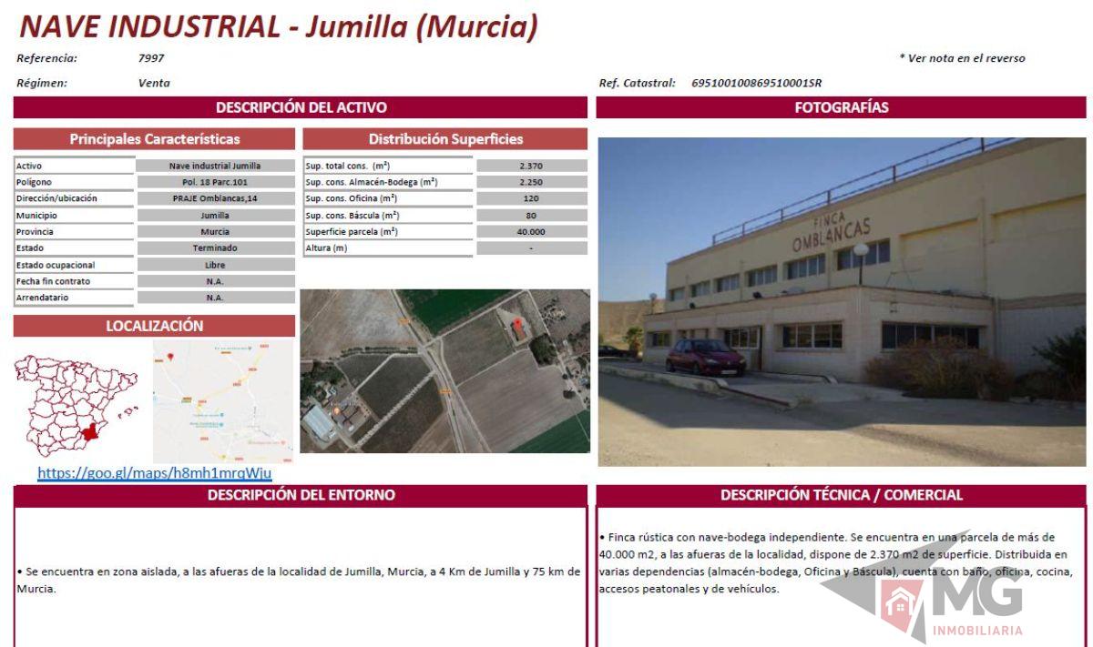 For sale of industrial plant/warehouse in Jumilla